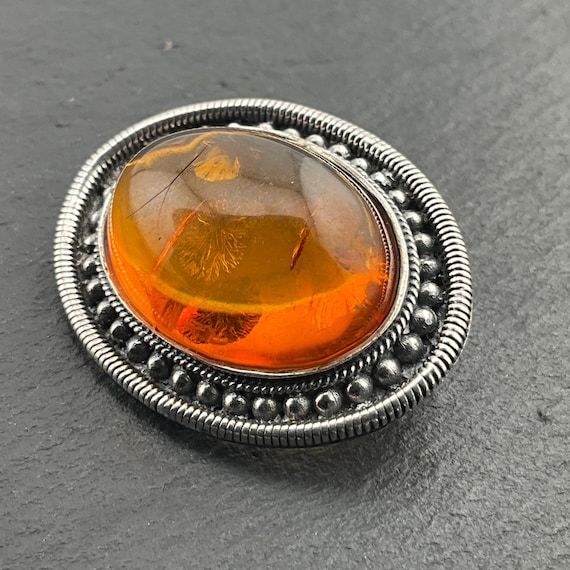 Vintage Sterling Silver Amber Cabochon Oval Brooch Israel