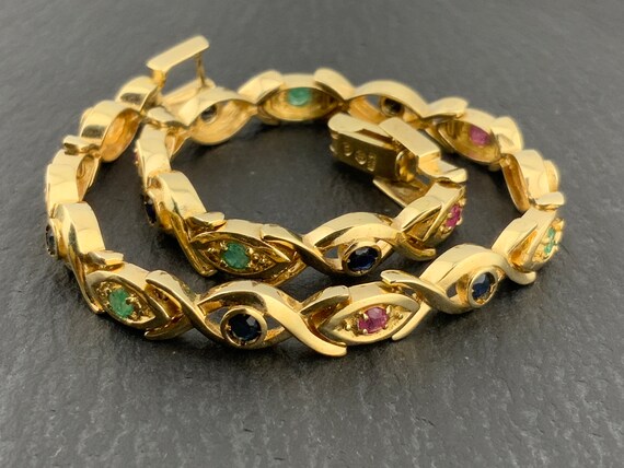 Vintage Heavy Solid 14ct Gold Ruby, Emerald & Sap… - image 3