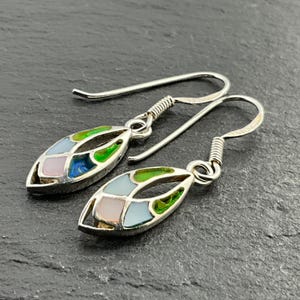 Vintage Abalone & Mother Of Pearl  Sterling Silver Fancy Dangle Earrings