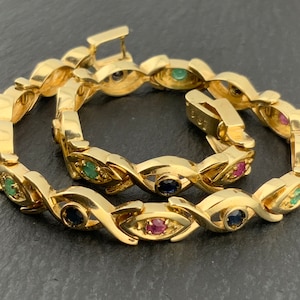 Vintage Heavy Solid 14ct Gold Ruby, Emerald & Sapphire Fancy Link Bracelet