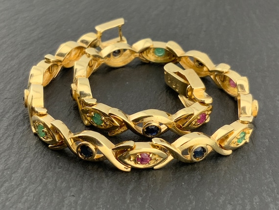 Vintage Heavy Solid 14ct Gold Ruby, Emerald & Sap… - image 1