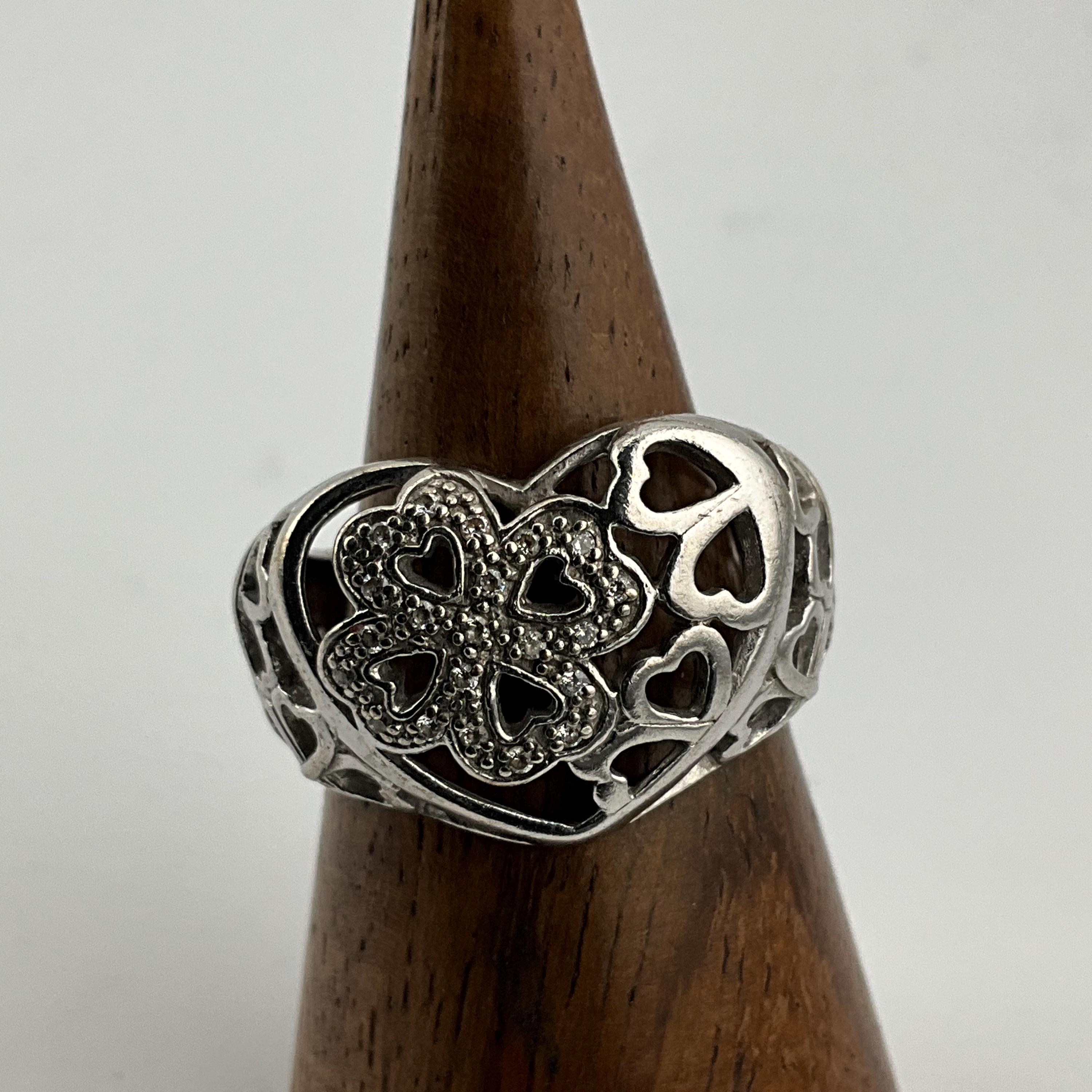 Vintage Cubic Zirconia Sterling Silver Clover in Heart Band