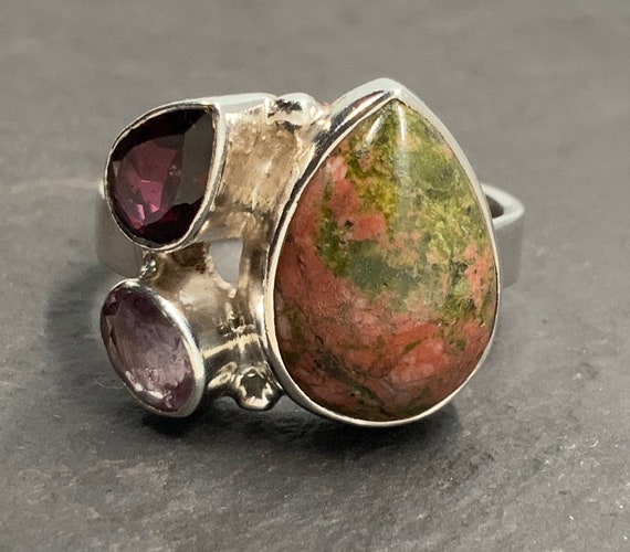 Vintage Unakite, Amethyst & Garnet Sterling Silve… - image 1