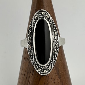 Vintage Black Onyx & Marcasite Sterling Silver Statement Ring, UK Size M, US Size 6, EU Size 51 1/2