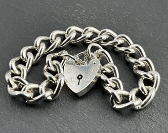 Vintage Sterling Silver Heart Padlock Charm Bracelet