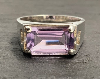 Vintage Amethyst Sterling Silver Rectangle Solitaire Ring, UK Size L1/2, US Size 5 3/4, EU Size 51