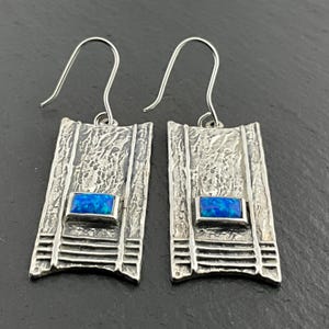 Vintage Opal Heavy Sterling Silver Textured Rustic Dangle Earrings
