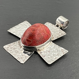 Vintage Coral Sterling Silver Hammered Cross Pendant