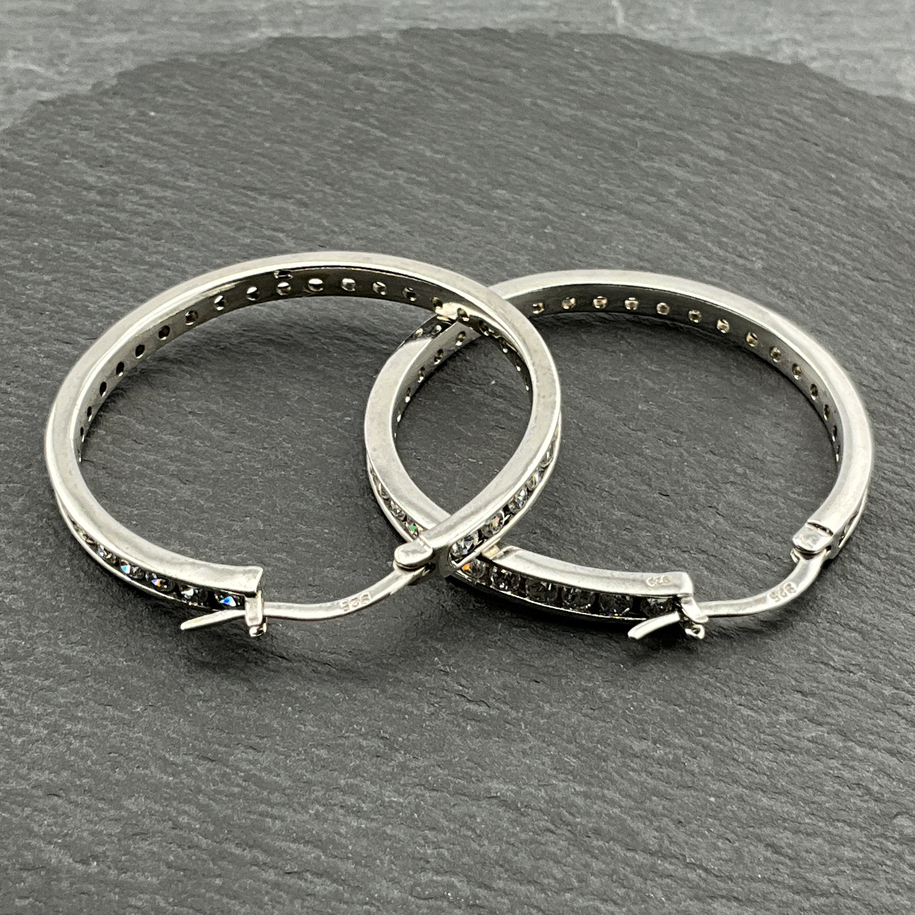 Vintage Sterling Silver Lever Hoop Cubic Zirconia Earrings
