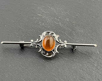 Broche Ancienne Art Déco/Nouveau - Argent Massif 925 - Cabochon Ambre - Créateur