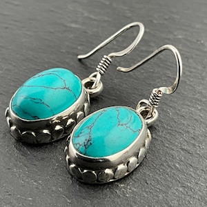 Vintage Sterling Silver Turquoise Oval Dangle Earrings
