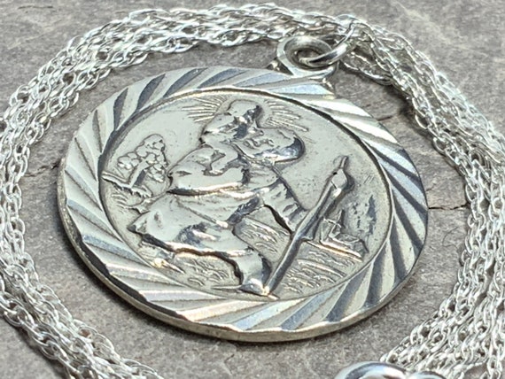 St. Christopher Necklace - Sterling Silver Round Blue Rimmed Medal On 20