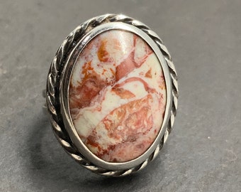 Vintage Rosetta Jasper Sterling Silver Large Fancy Statement Ring, UK Size F1/2, US Size 3, EU Size 44