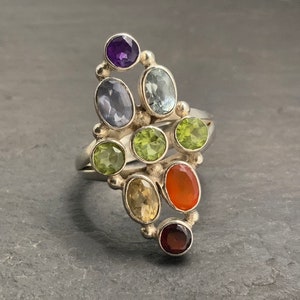 Vintage Amethyst, Topaz, Tanzanite, Peridot, Citrine & Garnet Sterling Silver Statement Ring, UK Size P1/2, US Size 7 3/4, EU Size 56