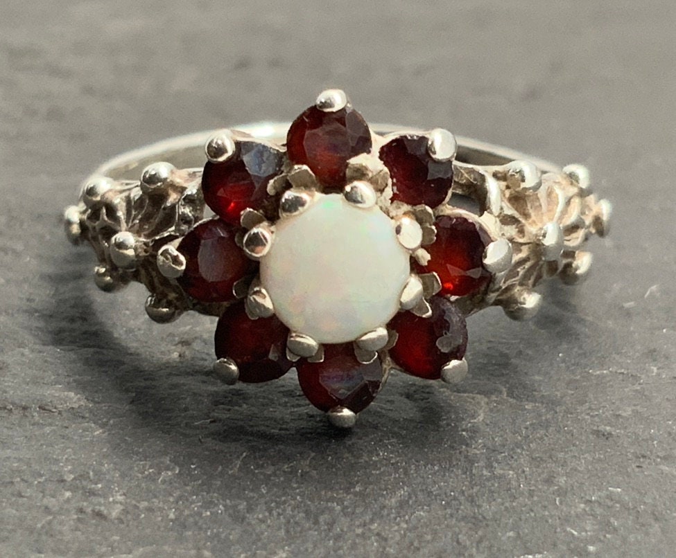 Vintage Opal Garnet Sterling Silver Fancy Cluster Flower