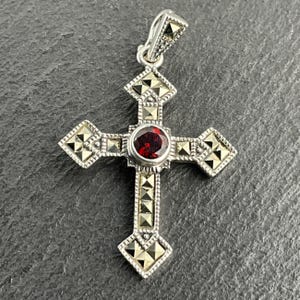Vintage Garnet & Marcasite Cross Sterling Silver Pendant Necklace