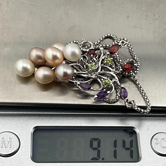 Collier Ancien En Or 9 Carats Et Argent Massif Avec Diamant, Perle Rose Et Grenats - Avec Boîte