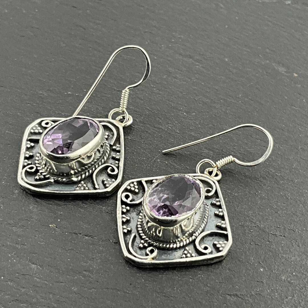 Boucles D'oreilles Argent 925 Bohème Avec Perles Améthyste - Modèle Ancien, Dormeuses