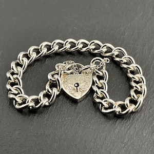 Vintage Sterling Silver Heart Padlock Charm Bracelet