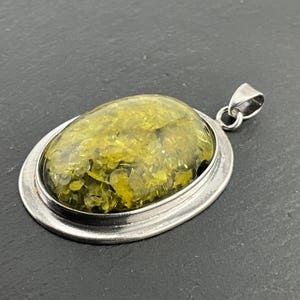 Vintage Green Baltic Amber Heavy Sterling Silver Oval Statement Pendant