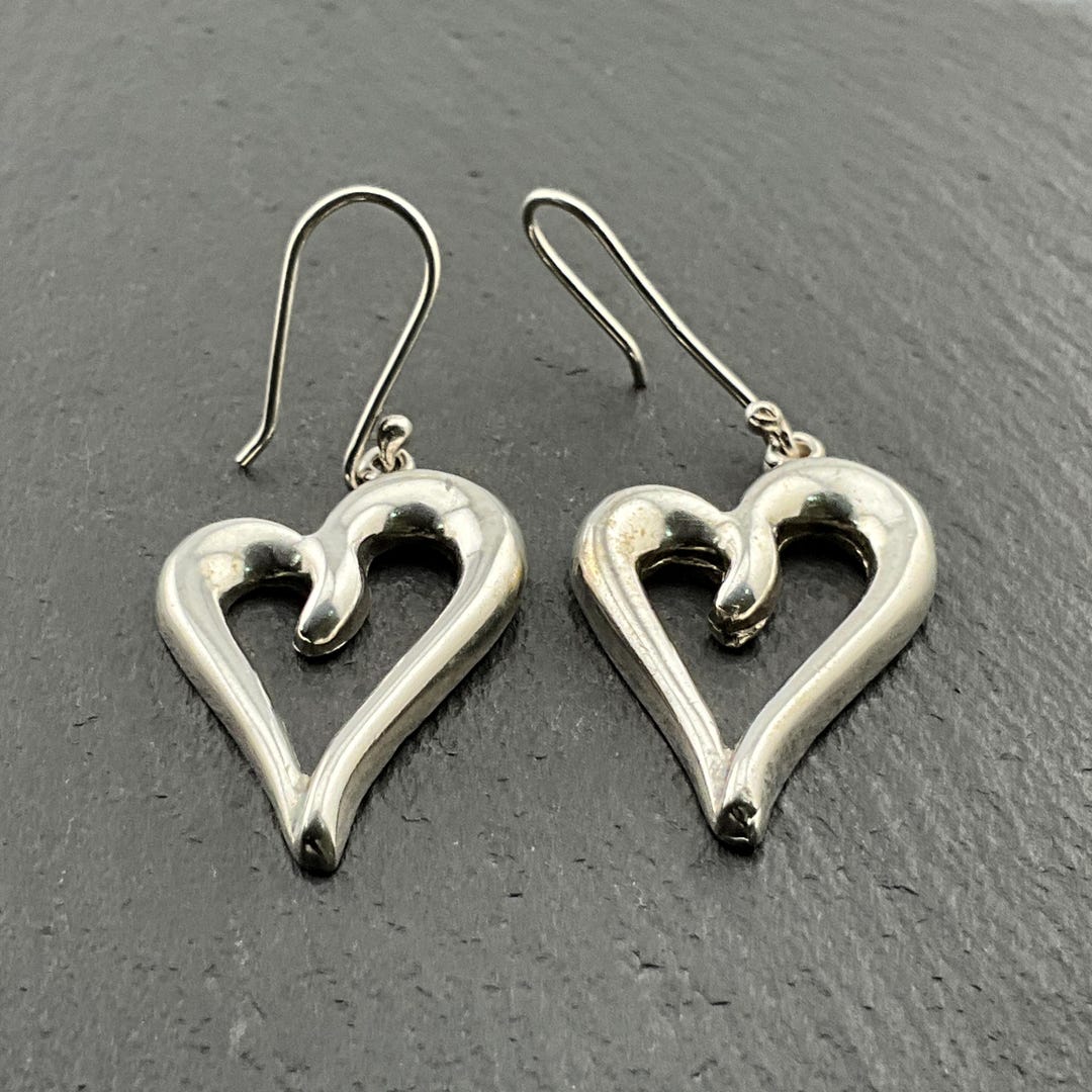 Vintage Sterling Silver Chunky Heart Dangle Earrings - Etsy