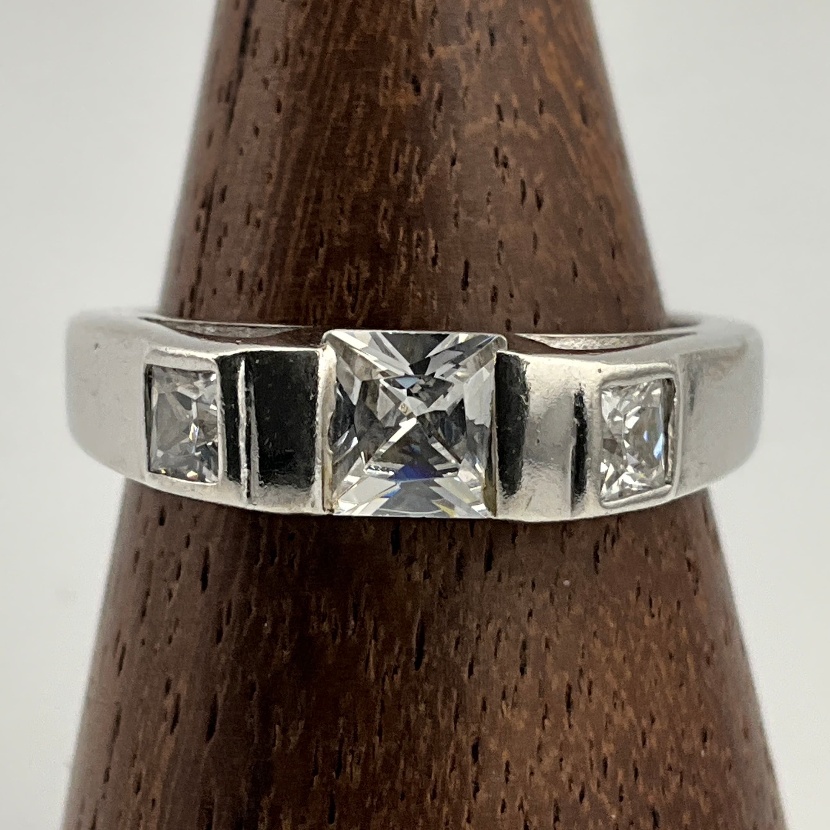 Vintage Square Cubic Zirconia Sterling Silver Ring, UK Size