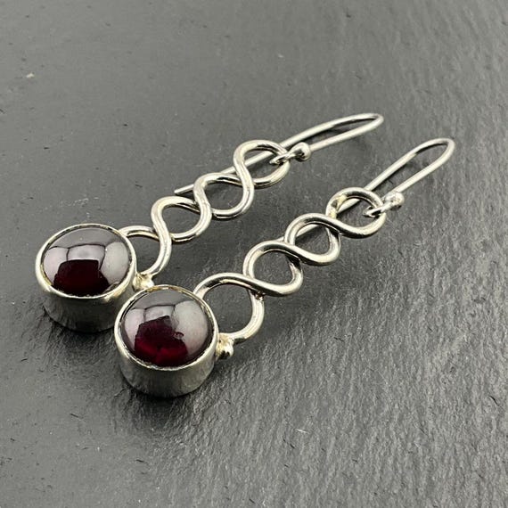 Boucles D'oreilles Vintage Années 90 En Argent Sterling 925 Avec Grenat - Grandes, Tombantes, Fait Main UK