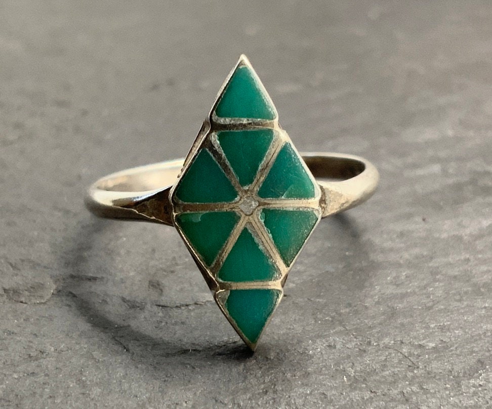 Vintage Enamel Sterling Silver Minimalist Geometric Statement Ring, UK Size M, US Size 6, EU Size 51 1/2