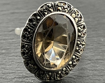 Vintage Smoky Quartz & Marcasite Sterling Silver Statement Ring, UK Size K, US Size 5 1/4, EU Size 49 1/2