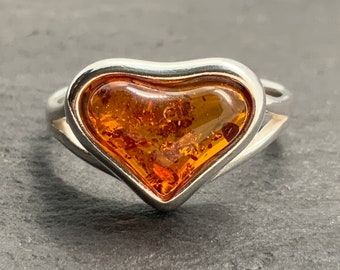 bague vintage Amber Sterling Silver Heart Statement, taille UK M1/2, taille US 61/4, taille EU 52