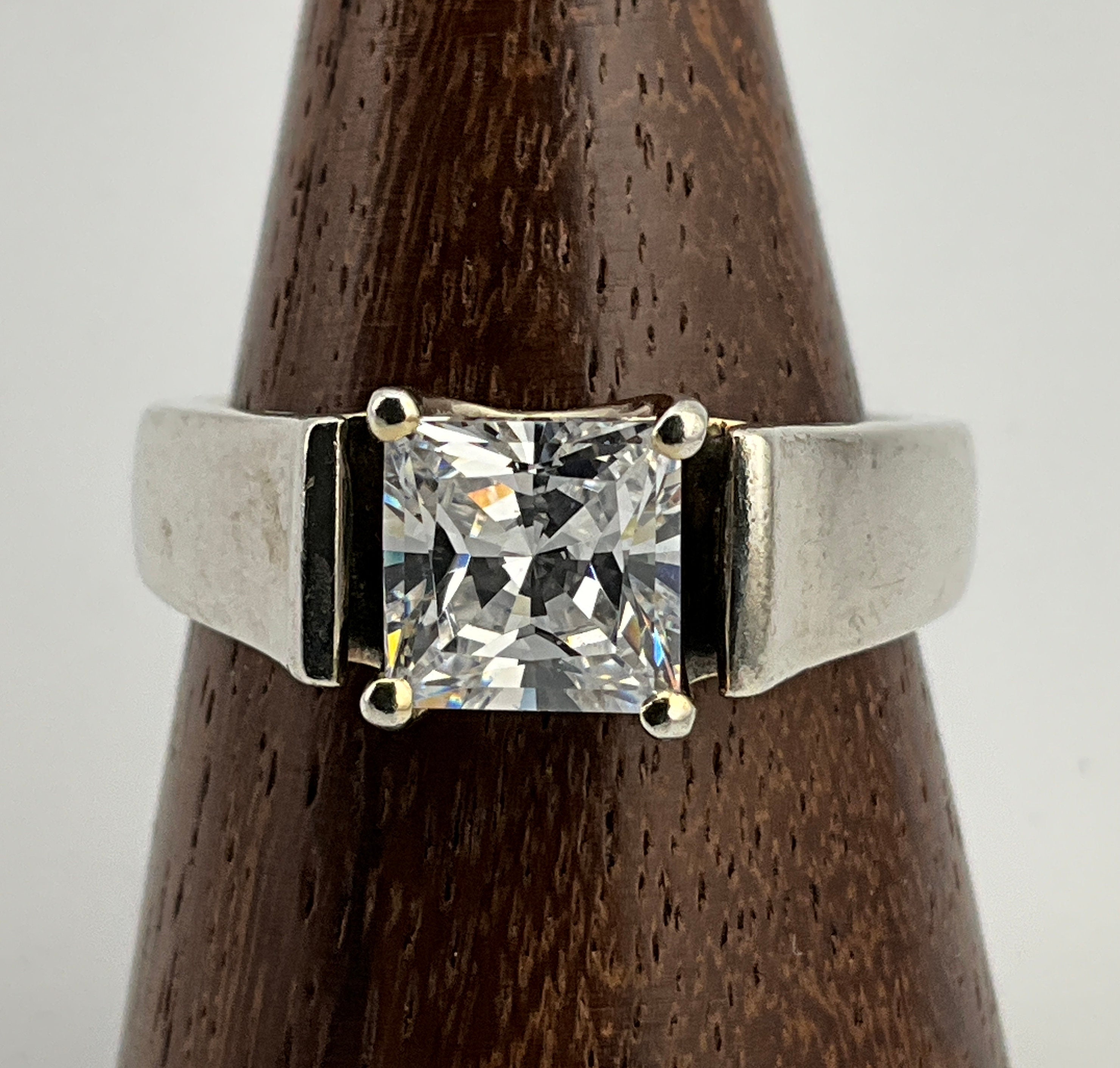 Vintage Square Cubic Zirconia Sterling Silver Ring, UK Size