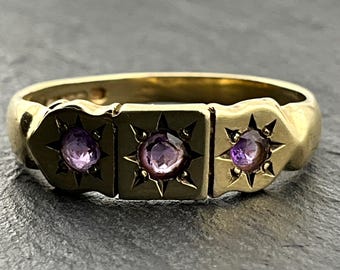 Vintage 9ct Gold Amethyst Fancy Star Trilogy Ring, UK Size N1/2, US Size 6 3/4, EU Size 53 1/4