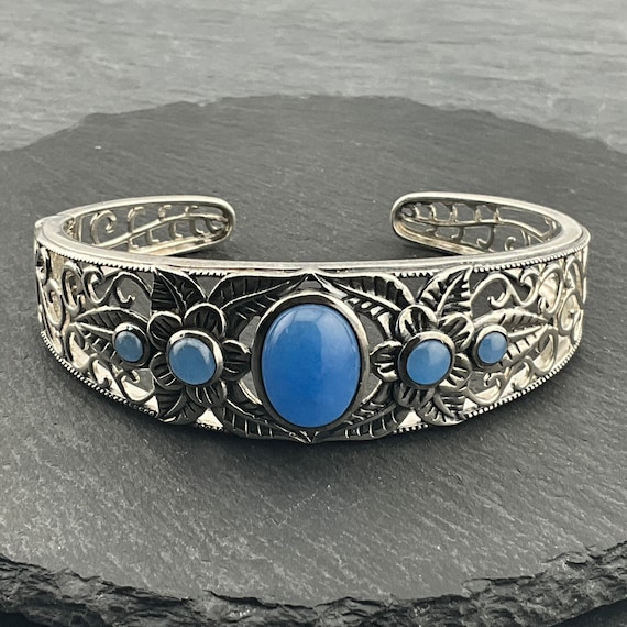 Vintage Solid Sterling Silver Agate Bangle - image 1