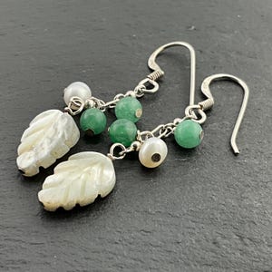 Brincos vintage de prata esterlina com pérolas e jade verde