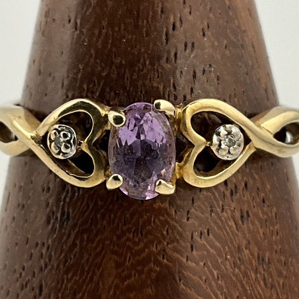 Vintage Solid 9 Karat Gold Amethyst & Diamant Ring, UK Größe S1 / 2, US Größe 9 1/2, EU Größe 60 3/4