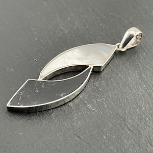 Vintage Mother Of Pearl & Black Natural Hardstone Sterling Silver Pendant