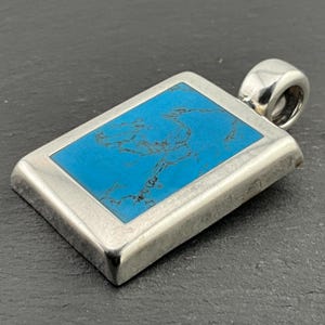 Vintage Turquoise Heavy Sterling Silver Mexico Rectangle Pendant