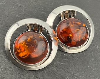 Vintage Green Baltic Amber Sterling Silver Statement Clip-On Earrings