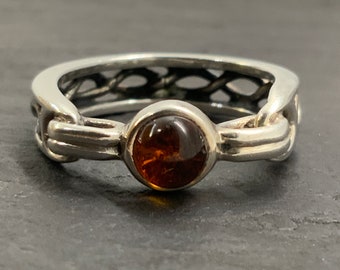 vintage Amber Sterling Silver Twist Band Fancy Solitaire Ring, UK Taille K, Taille US 5 1/2, Taille UE 50 1/4
