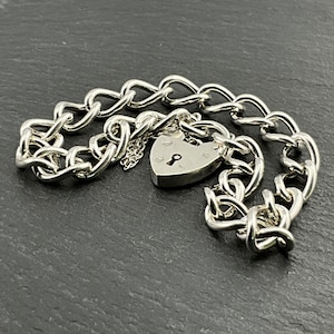 Vintage Sterling Silver Heart Padlock Charm Bracelet