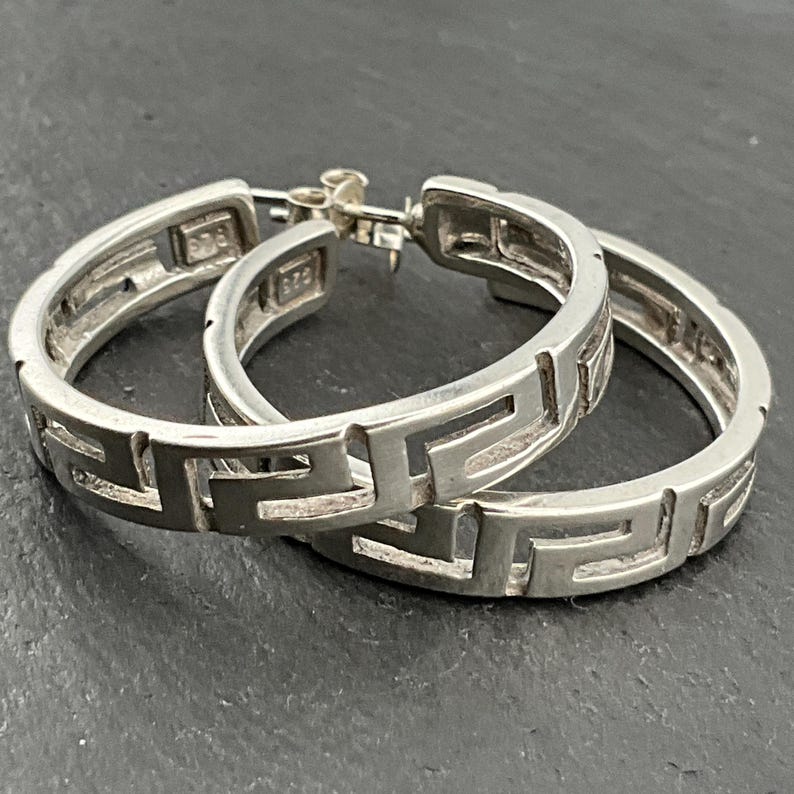 Vintage Heavy Sterling Silver Greek Key Hoop Stud Earrings