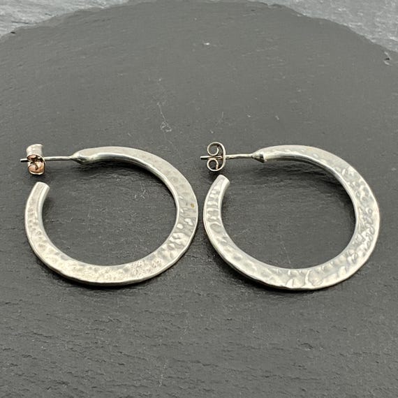 Vintage Heavy Sterling Silver Hammered Large Hoop Stud Earrings