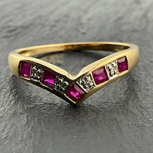 Vintage 9ct Gold Ruby & Diamond Wishbone Ring, UK Size N 1/2, US Size 7 1/4, EU Size 54 1/2