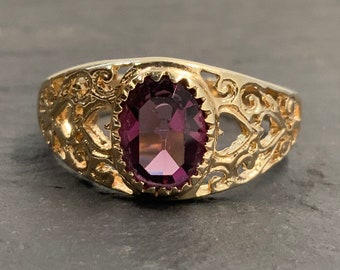 Vintage Amethyst 18ct Gold Gilded Sterling Silver Fancy Solitaire Ring, UK Size N1/2, US Size 6 3/4, EU Size 53 1/4