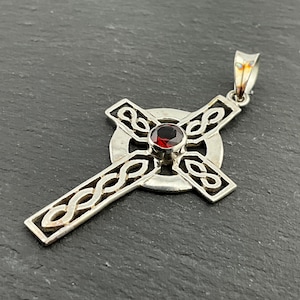 Vintage Garnet Cross Sterling Silver Pendant Necklace