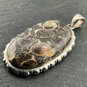 Peut inclure: Pendentif ovale avec une pierre à motifs dans les tons marron, beige et crème, sertie dans un cadre en métal argenté. La pierre présente un motif organique unique. Le pendentif est doté d'une bélière argentée.