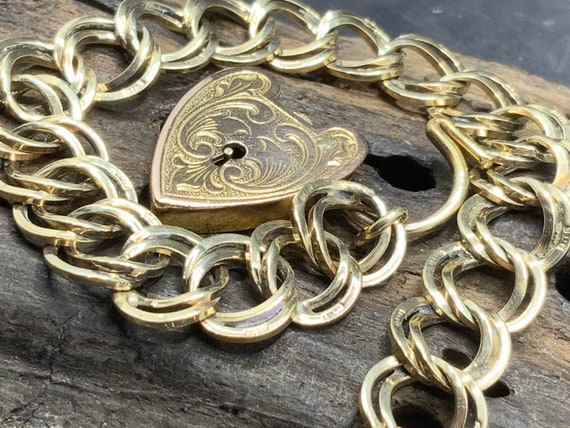 Vintage 9ct Gold Heart Padlock Charm Bracelet