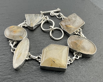 Vintage Heavy Sterling Silver Rutilated Quartz Statement Fancy T-Bar Bracelet