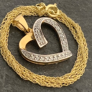 Vintage 9ct Gold Diamond Heart Pendant Necklace