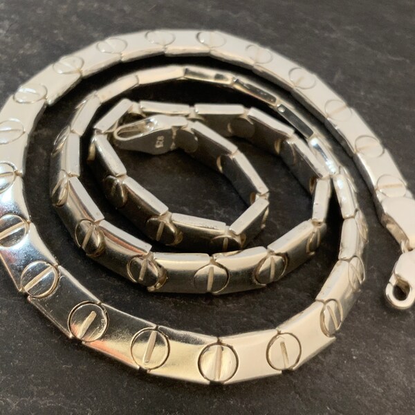 Vintage Heavy Sterling Silver Panel Link Necklace